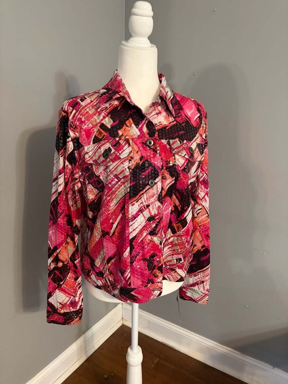 Notations Women's Long Sleeve Button-Up sequin Shirt, Size M, Abstract Print